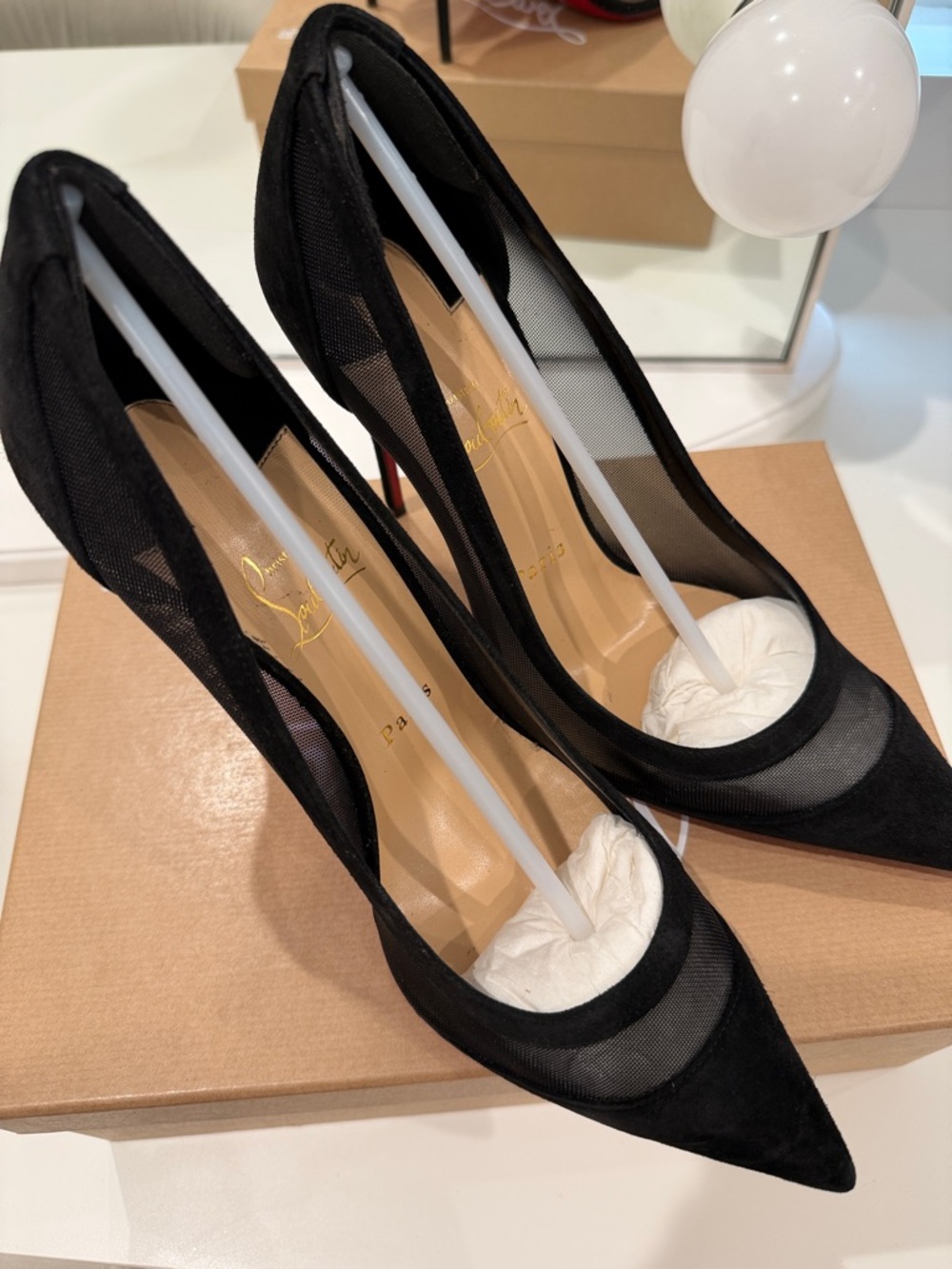 Christian Louboutin Black Mesh & Suede Pointed Pumps - Picture 5 of 6
